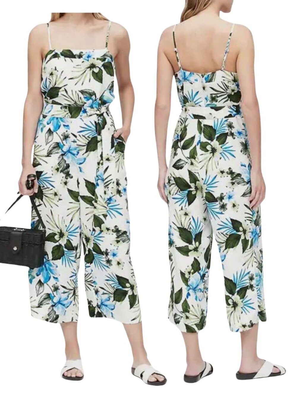 Banana Republic Women’s Jumpsuit Size 10 Floral Tropical Cropped Wide Leg Belted